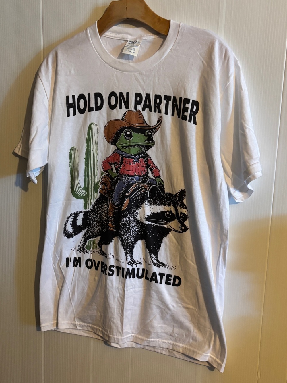 Unbranded White "Hold On Partner" Graphic T-Shirt - Green Accent
